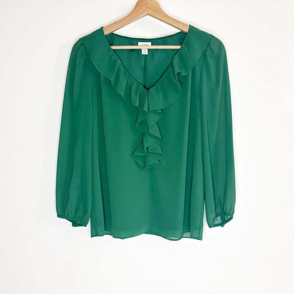 J Crew Chiffon Ruffle Neck 3/4 Sleeves Green Top Sz XS